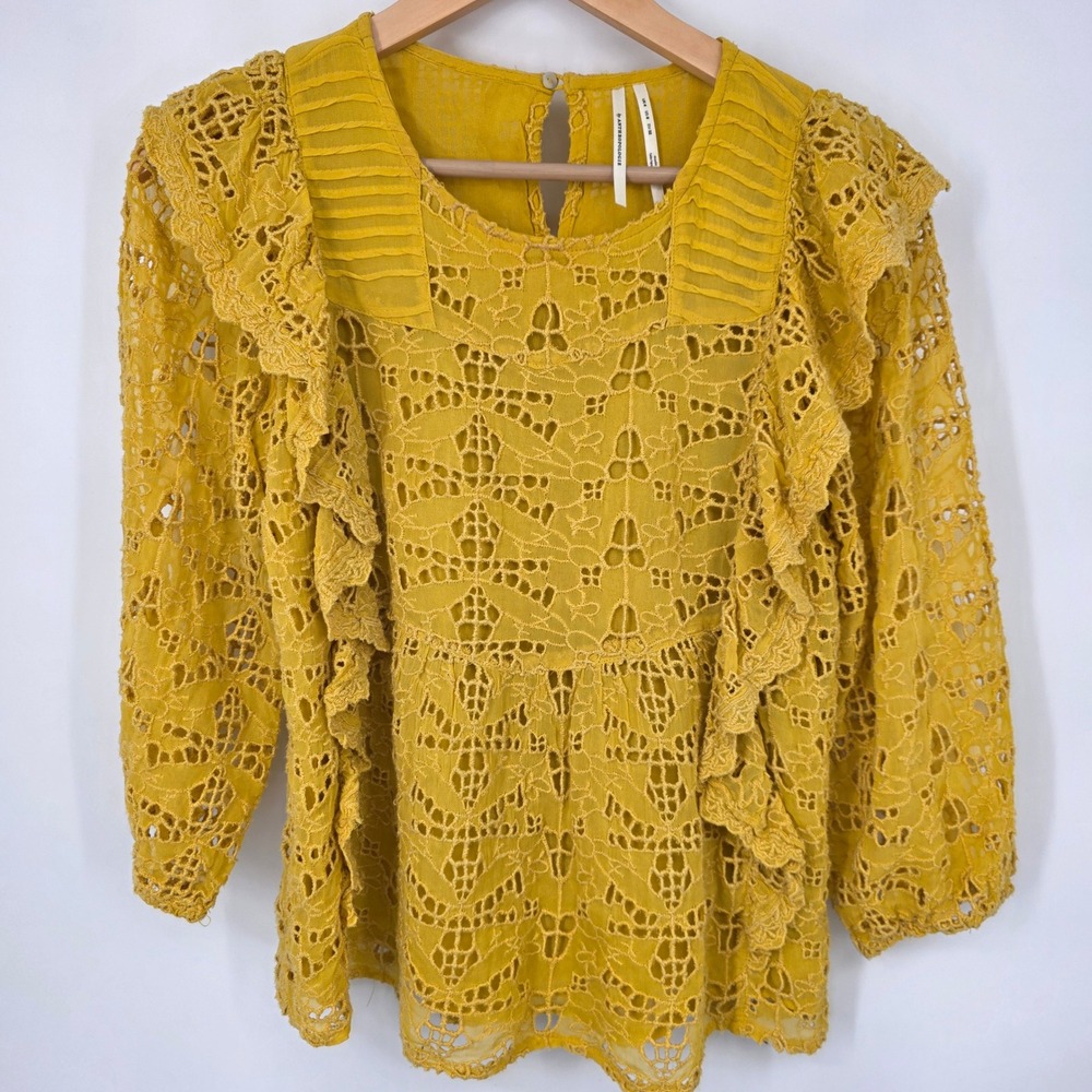 Anthropologie Mustard Yellow Eyelet Lace Ruffle Blouse Top US 0 Boho Romantic